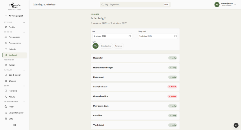 The availability search, listing each venue and holiday house as available or booked for a date range