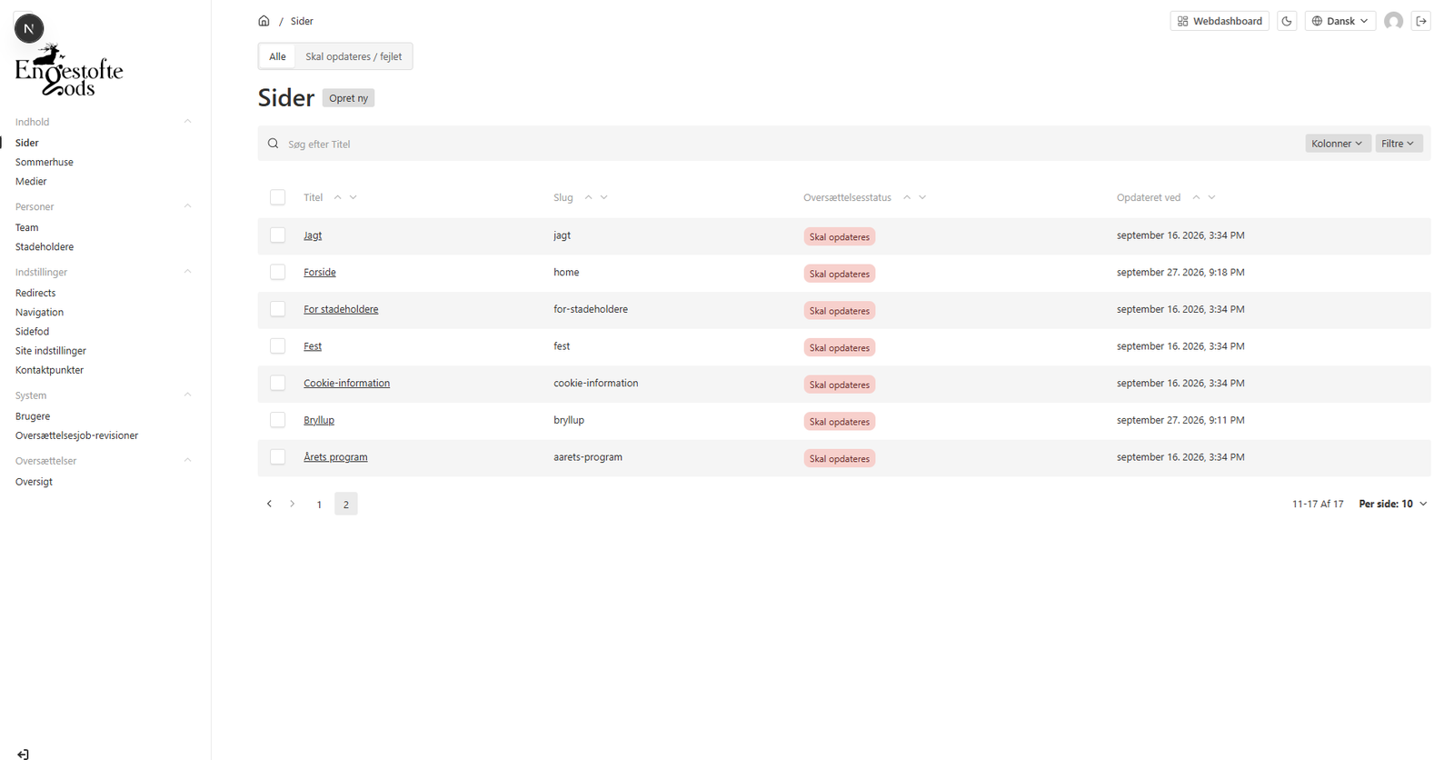 The CMS page list, showing each page's translation status