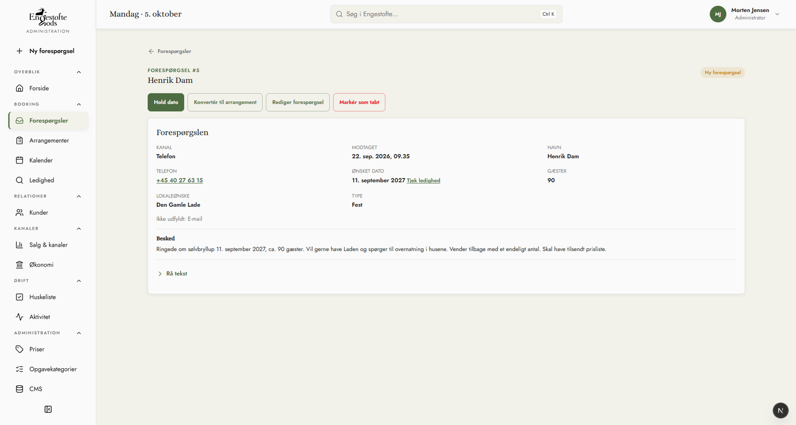 An inquiry received by phone, with options to hold the date or convert it to an event